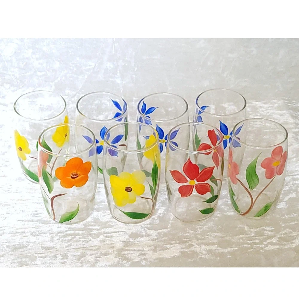 8 Vtg MCM Hand Painted Floral Juice Glasses Flower Tumblers Bartlett Collins